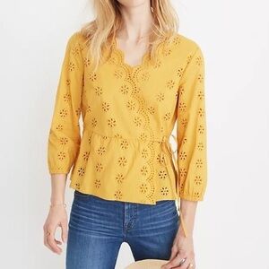Madewell Yellow scalloped Eyelet Wrap Top blouse